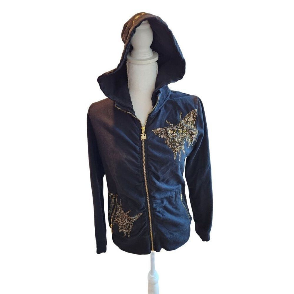 Vintage Y2K BCBG Hoodie Sweatshirt L Full Zip Black Gold Butterflies Velour